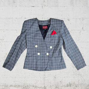 70s Vintage Navy Plaid Double Breasted Crop Deadstock Blazer Jacket Size 10